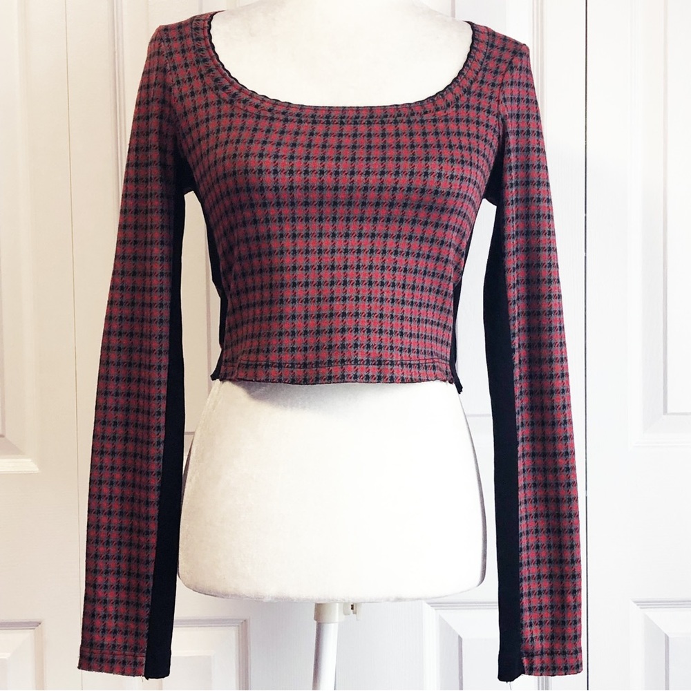 NWT Free People Red Houndstooth Plaid Print Boston Crop Top Small